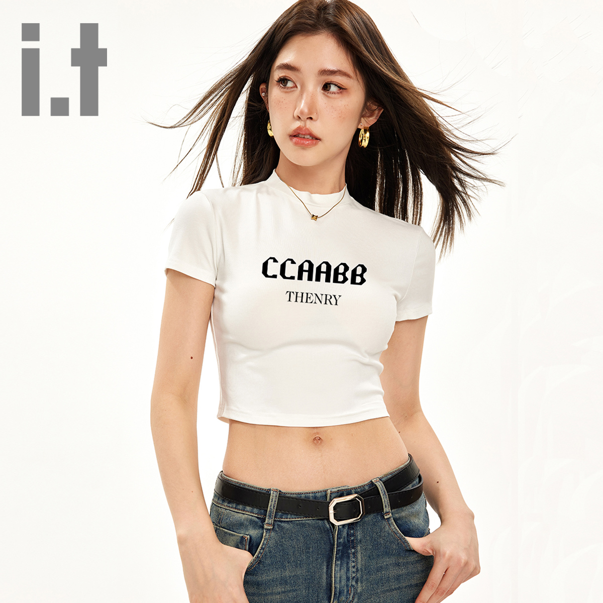 it ccaabb夏季新款短袖T恤女圆领打底衫复古正肩显瘦高腰短款T恤K