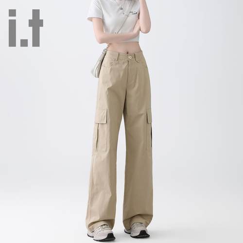 卡其色工装裤女宽松阔腿高腰显瘦