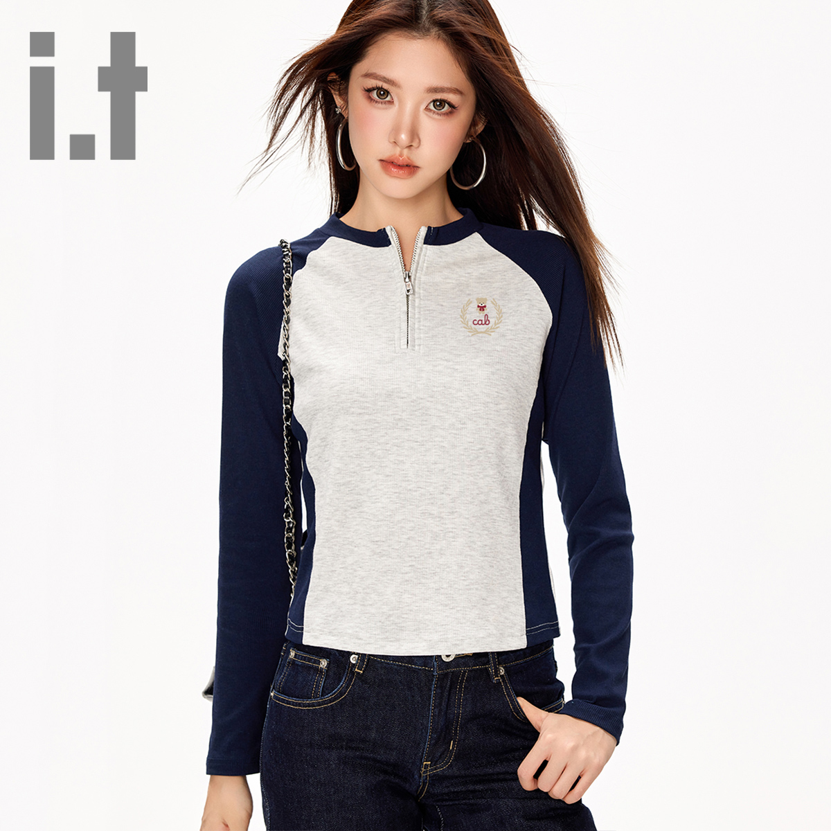 it ccaabb女式长袖T恤半拉链撞色半拉链修身显瘦插肩打底衫上衣K