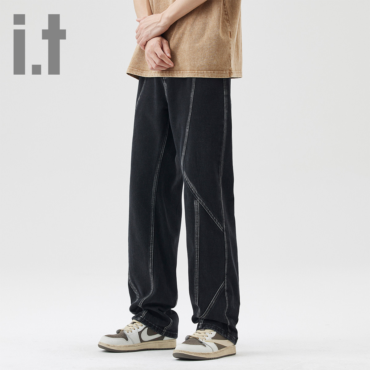 i.t ccaabb后腰松紧拼接设计净版直筒长裤男式秋季牛仔裤K