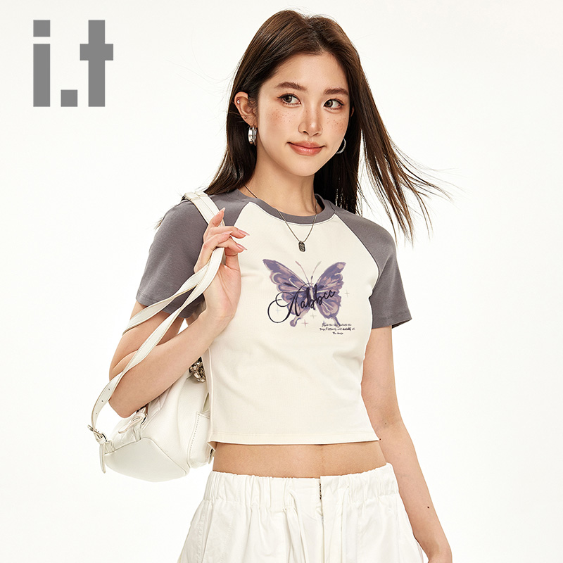 it ccaabb蝴蝶印花短款圆领短袖t恤女修身显瘦休闲上衣体恤女装K