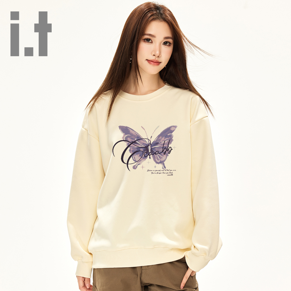 it ccaabb美式圆领套头卫衣女印花新款春秋百搭宽松学院风上衣K