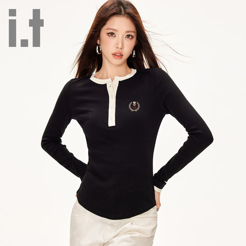 it ccaabb春秋新款长袖T恤女设计感V领撞色上衣气质百搭打底衫女K
