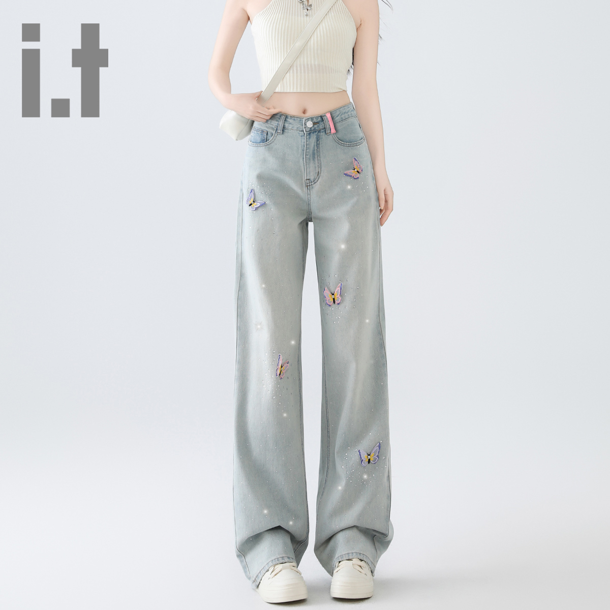 it ccaabb高腰阔腿牛仔裤女宽松休闲蝴蝶烫钻设计百搭显瘦直筒裤K