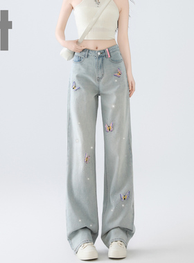 it ccaabb高腰阔腿牛仔裤女宽松休闲蝴蝶烫钻设计百搭显瘦直筒裤K