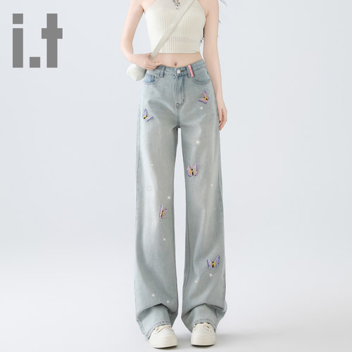it ccaabb高腰阔腿牛仔裤女宽松休闲蝴蝶烫钻设计百搭显瘦直筒裤K