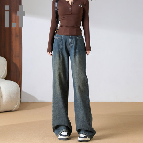 it ccaabb复古牛仔裤春秋季做旧宽松阔腿裤小个子窄版拖地长裤子K