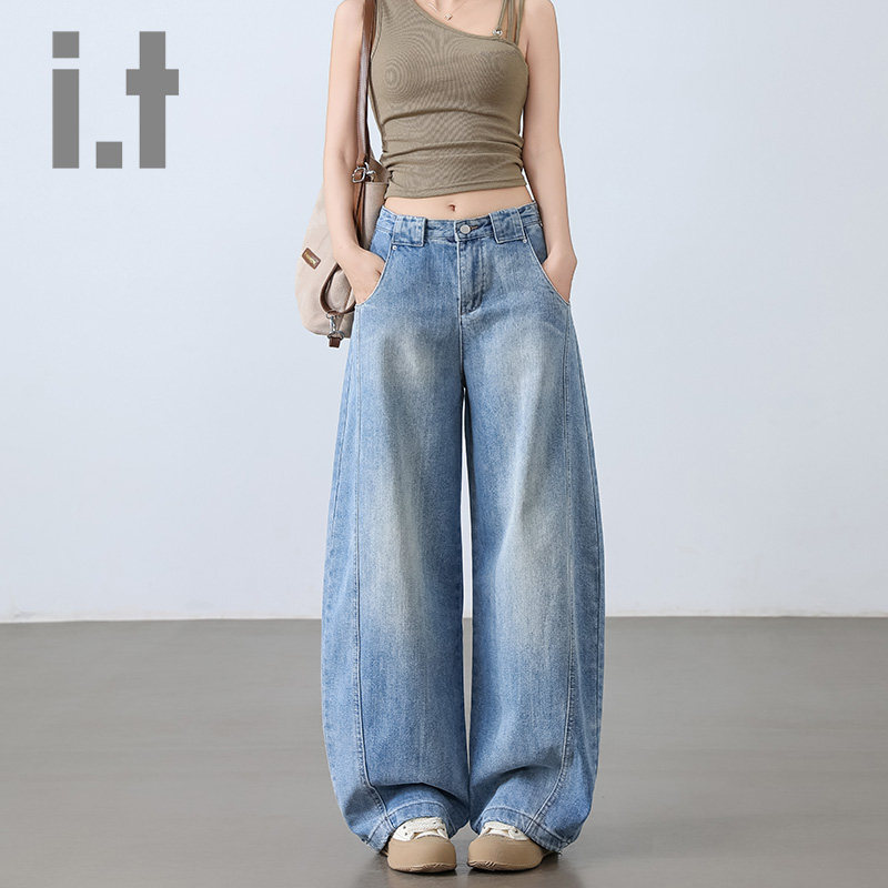 it:CHOCOOLATE美式复古竹节纹弯刀牛仔裤女春秋季高腰显瘦阔腿K