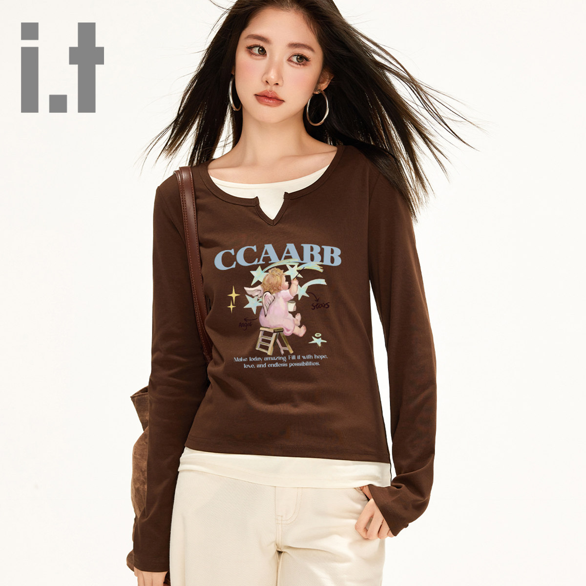 it ccaabb美式新品复古长袖t恤女春秋正肩独特超好看内搭打底衫K