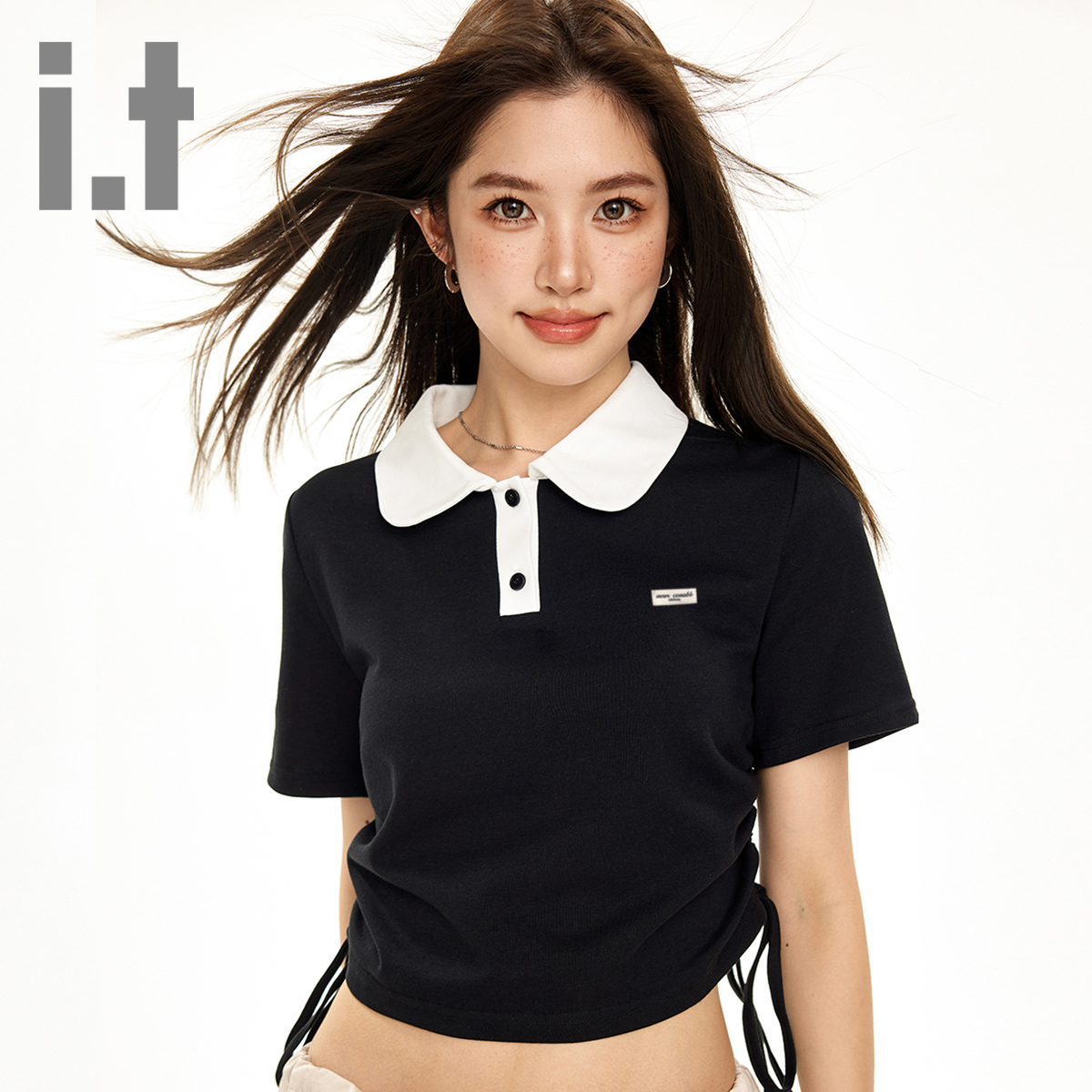 it ccaabb潮流夏季抽绳下摆短袖T恤女2025款撞色半开领体恤上衣K