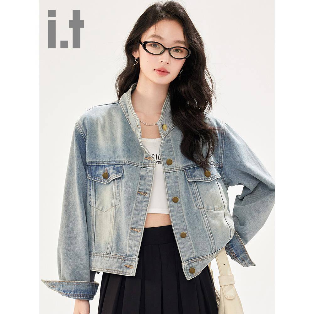 翻领长袖牛仔外套女春秋新款