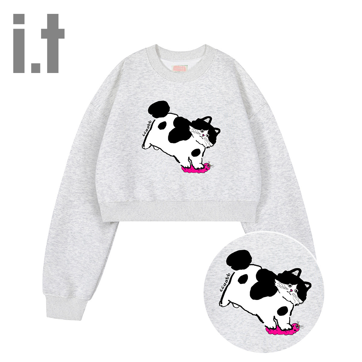 i.t ccaabb可爱洋气上衣猫咪印花短款长袖圆领套头卫衣女装K