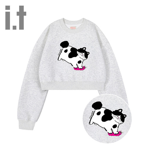 i.t ccaabb可爱洋气上衣猫咪印花短款长袖圆领套头卫衣女装K