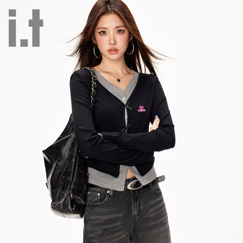 it ccaabb爱心印花长袖T恤女假两件2025款修身蝴蝶结打底衫上衣K