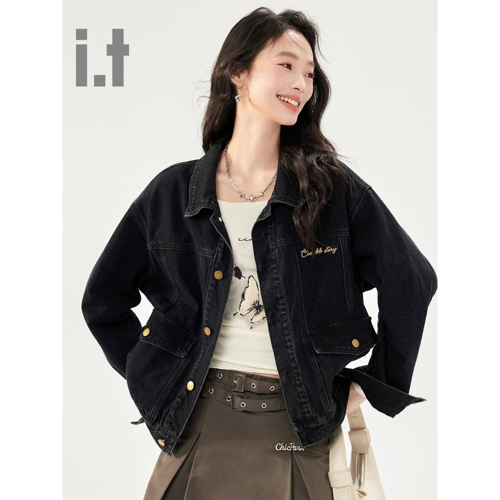 itccaecc复古牛仔翻领短外套