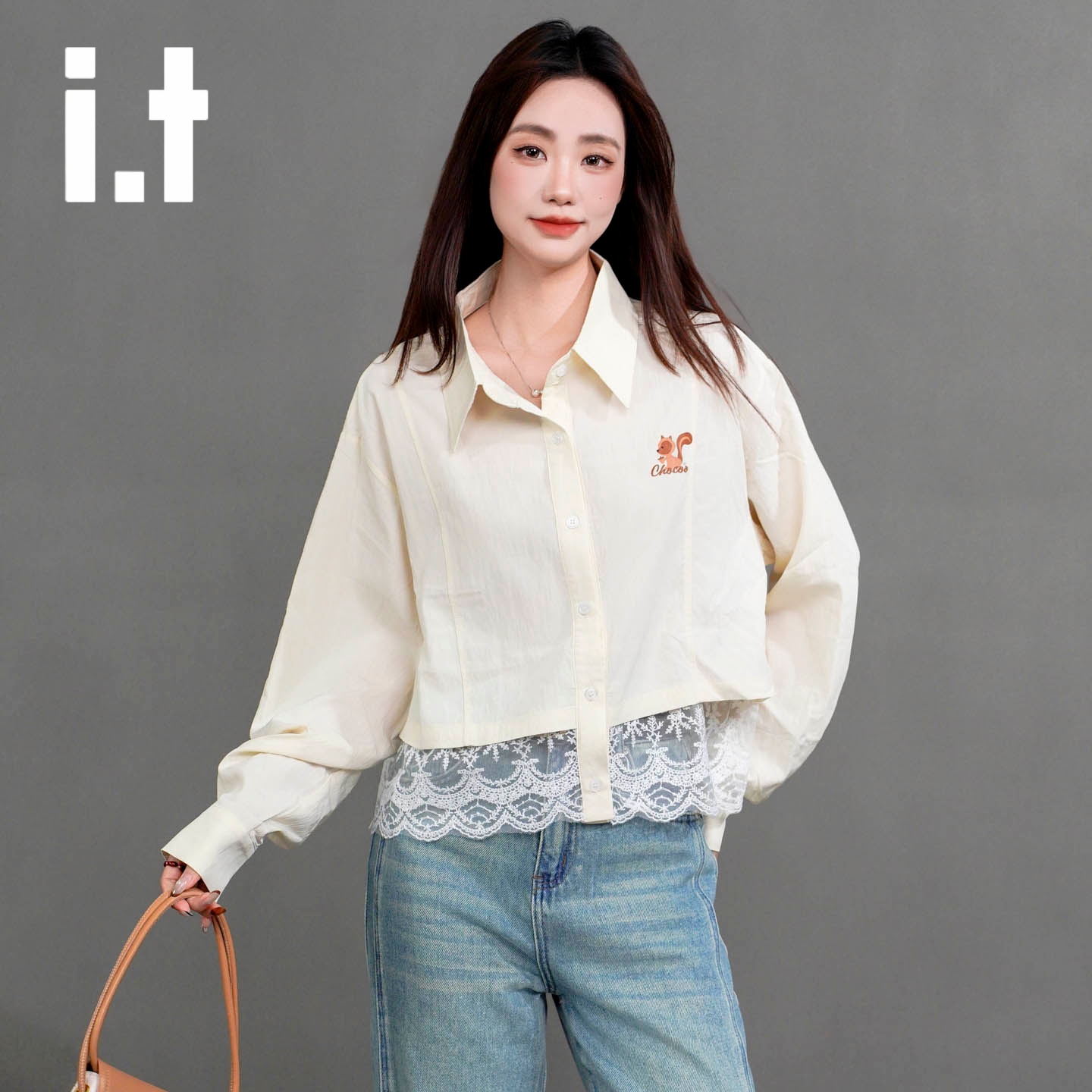 it:CHOCOOLATE春秋款韩版休闲潮流时尚衬衫女蕾丝拼接长袖上衣服