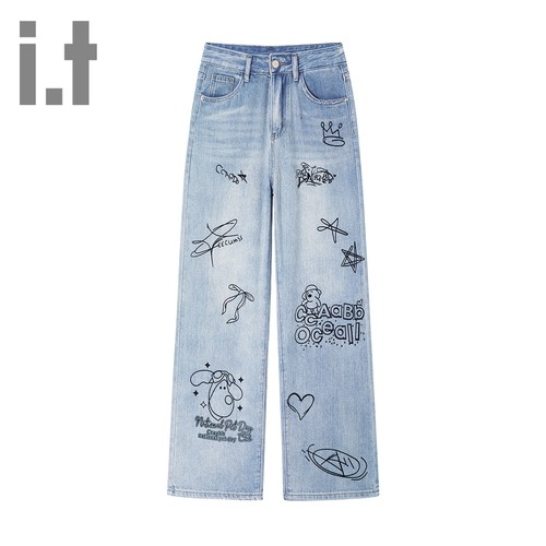 it ccaabb不规则印花设计牛仔裤女高腰显瘦休闲窄版直筒阔腿裤K