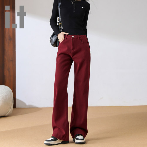 it ccaabb安可拉红加绒加厚牛仔裤冬季保暖新款窄版宽松直筒裤K