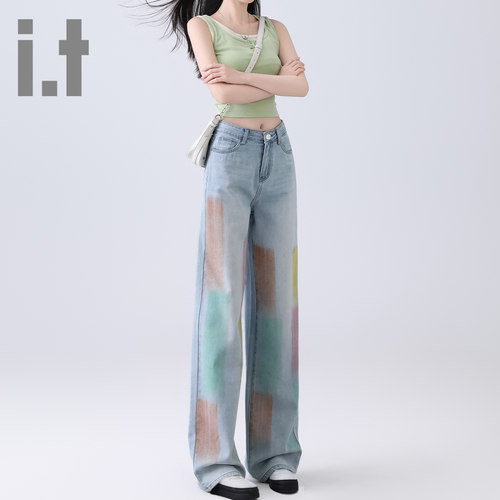it ccaabb春秋美式复古彩绘牛仔裤女新款高腰直筒显瘦拖地裤长裤K