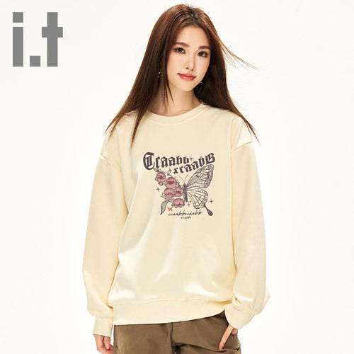 it ccaabb蝴蝶印花圆领卫衣女套头流行春秋款休闲舒适上衣女装K
