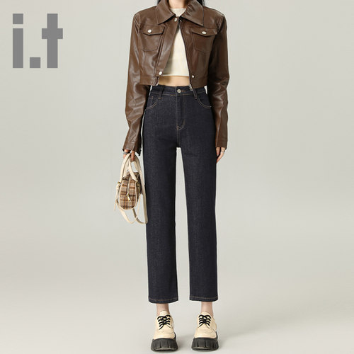 it ccaabb复古高腰直筒牛仔裤女修身春季新款九分裤显瘦百搭裤K
