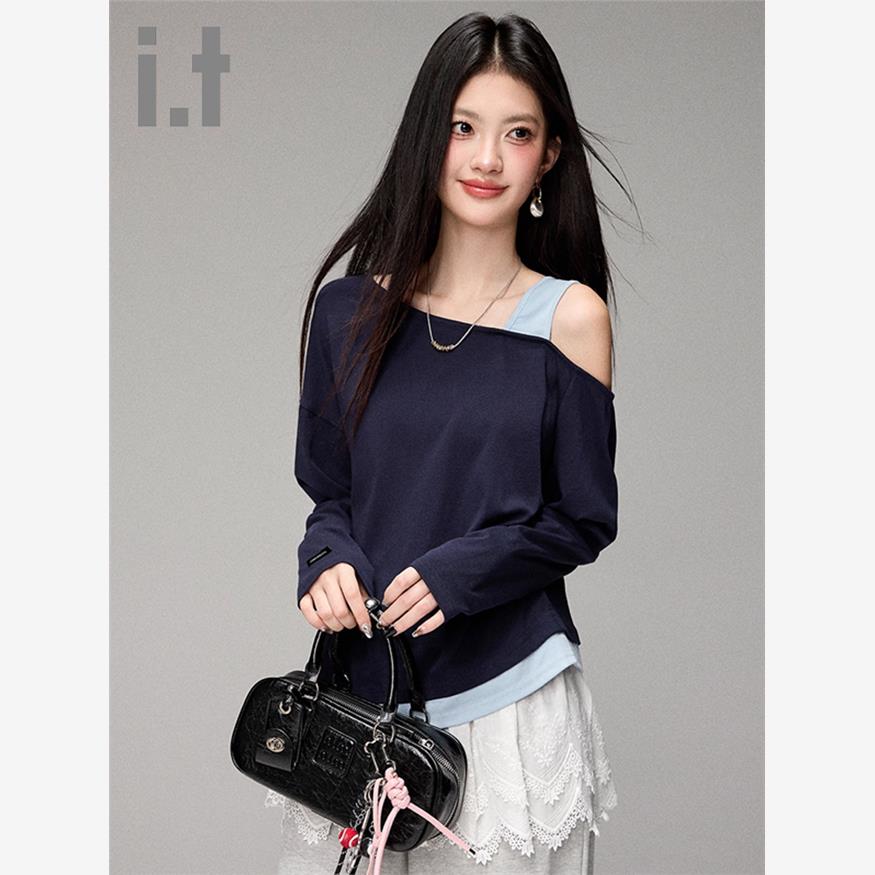 气质潮流露肩长袖T恤女