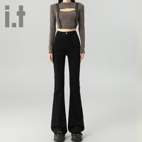it ccaabb黑色加绒微喇牛仔裤女冬季新款修身垂感拖地加厚喇叭裤K