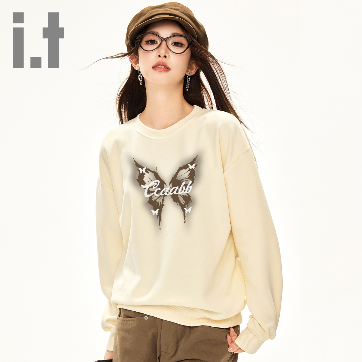 it ccaabb蝴蝶设计印花长袖卫衣套头2025春秋新款宽松休闲上衣女K