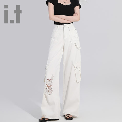 it ccaabb潮流破洞牛仔裤女新款显瘦春夏百搭多口袋高腰工装裤K