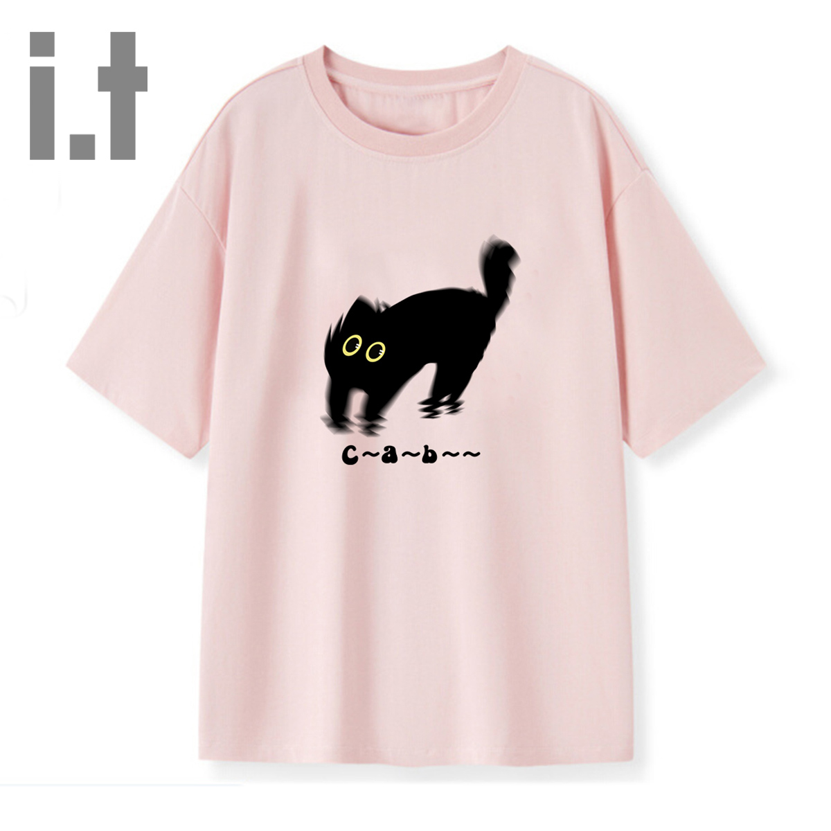 it ccaabb新款复古套头圆领短袖T恤女黑猫印花宽松潮牌设计上衣K