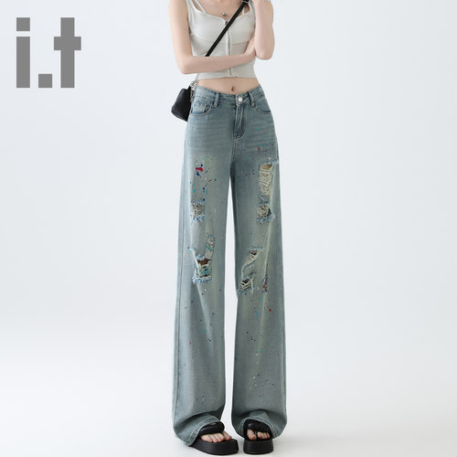 it ccaabb烫钻破洞设计牛仔裤女新款宽松显瘦直筒高腰阔腿裤长裤K