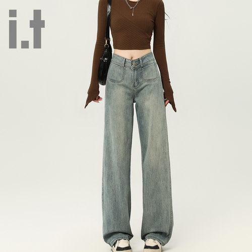 it ccaabb怀旧蓝阔腿牛仔裤女春秋新款梨形宽松垂感拖地直筒裤K
