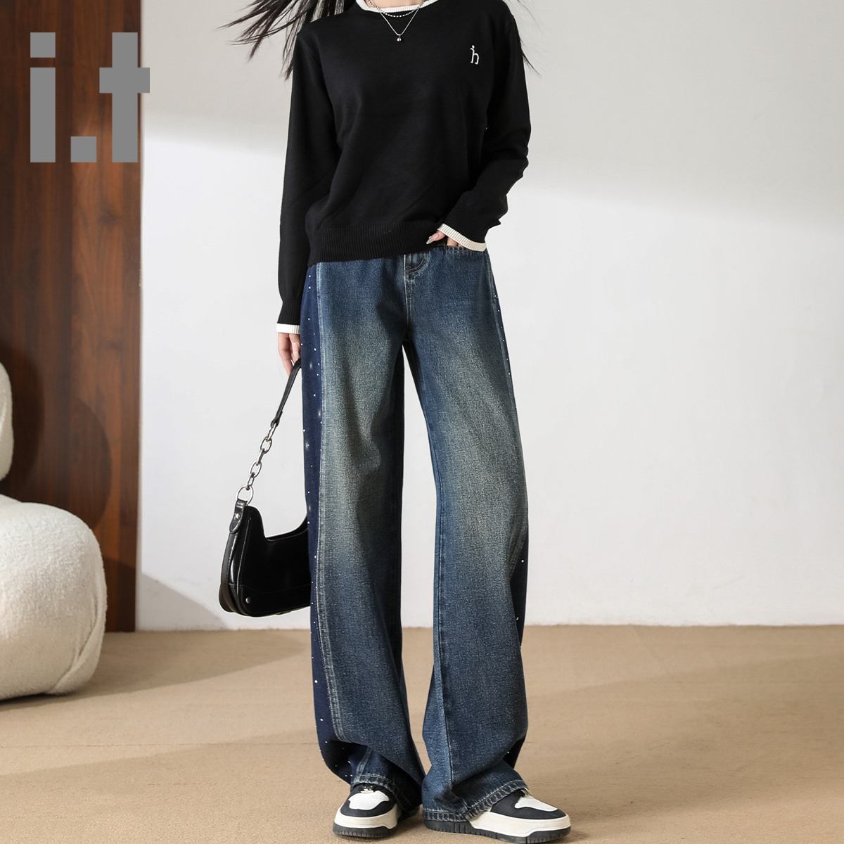 it ccaabb复古时髦阔腿牛仔裤女烫钻新款高腰宽松拼接阔腿裤子K