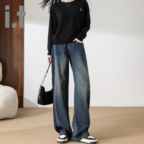 it ccaabb复古时髦阔腿牛仔裤女烫钻新款高腰宽松拼接阔腿裤子K
