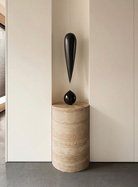 洞石圆柱底座别墅酒店客厅落地装饰立柱天然大理石底座定制