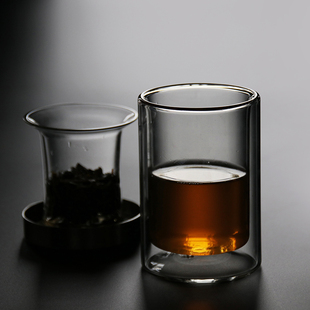 当铺加厚耐热玻璃三件杯层隔热泡茶杯办公室茶水分离泡茶杯
