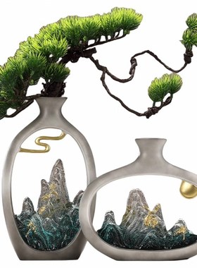 博古架酒柜装饰品入户客厅玄关新级感古风假山瓶