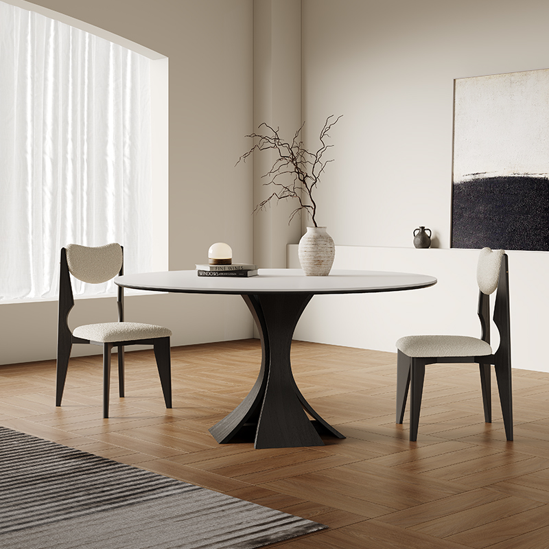 法式实木餐桌圆形带转盘家用小户型黑色高端复古意式亮光岩板餐桌