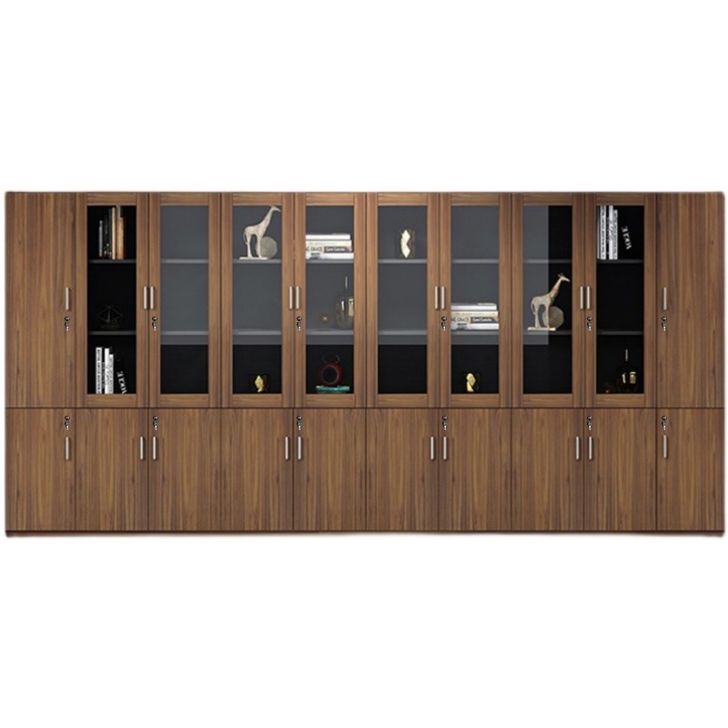 办公室三门文件柜木质带锁书柜板式背景柜玻璃储物柜档案柜资料柜