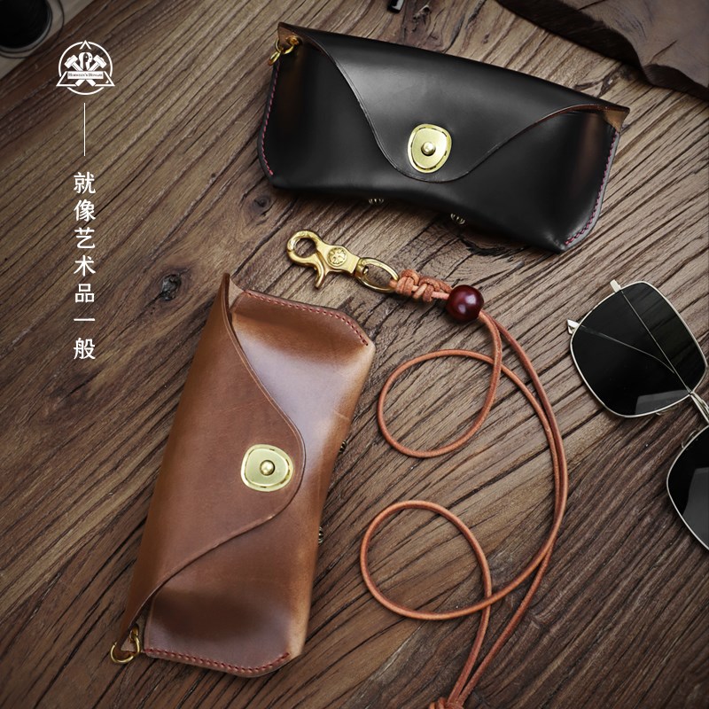 HORWEEN霍尔文油蜡牛皮眼镜包挂绳复古抗压手工太阳墨镜盒潮