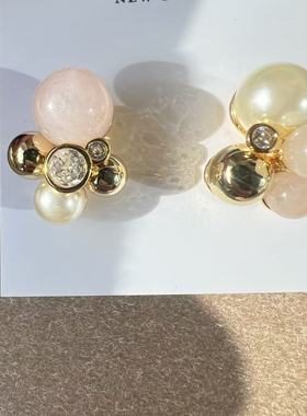 外贸出口单 新款高品质撞色小球耳钉粉色系 珍珠耳钉