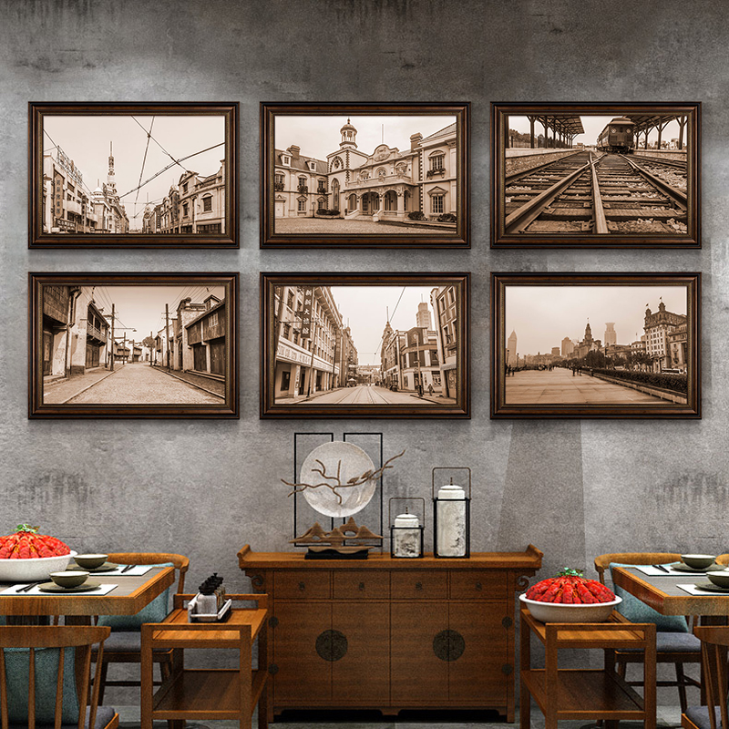 民国风装饰画怀旧复古建筑照片海报老上海题餐厅火锅店挂画