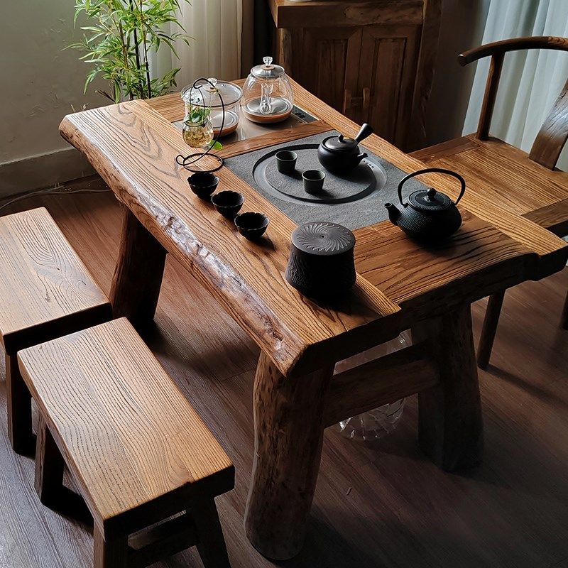 22年新款中古风茶桌椅阳台小型侘寂风厚重茶台胡桃木色家用