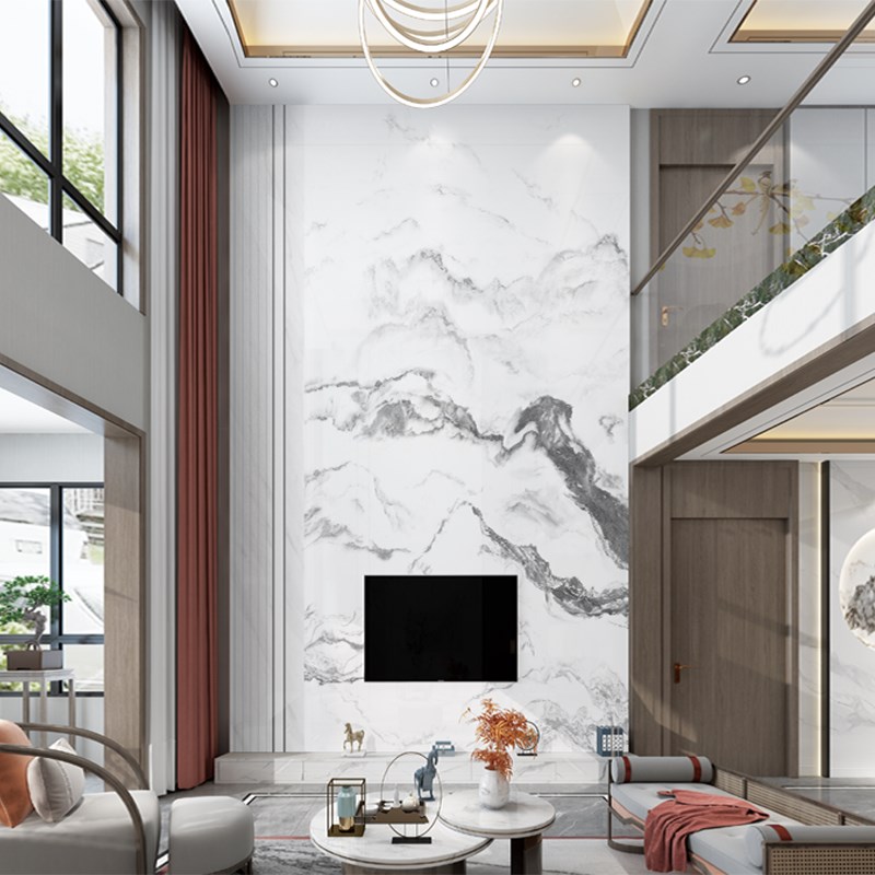 别墅挑高复式楼电视背景墙壁布跃层玄关壁纸客厅大气山水大理石墙