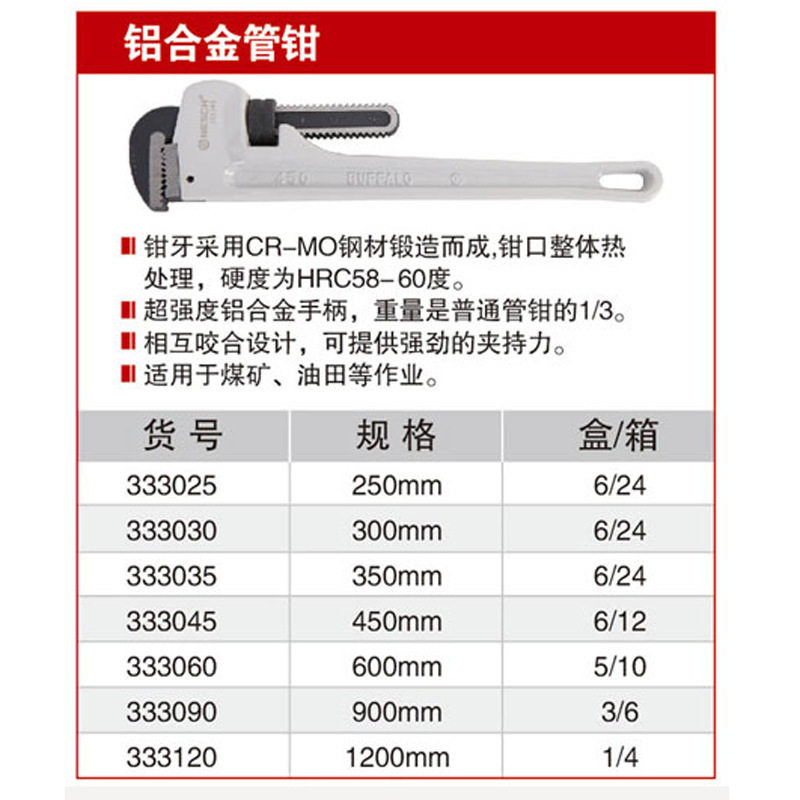 耐世铝合金管钳轻质管子钳子333025333120333045333060333090
