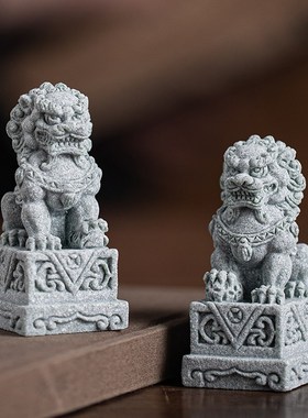 国潮石狮子公母一对招财茶宠摆件门狮子庭院门厅鱼缸造景桌面装饰
