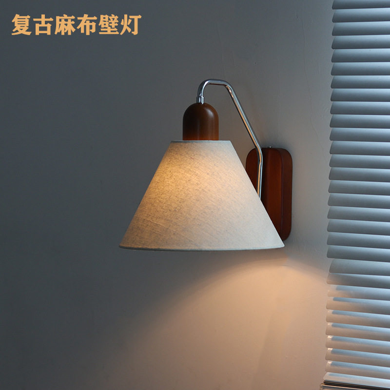 跨境中古复古麻布壁灯卧室床头书房玄关阳台灯氛围灯实木日式过道