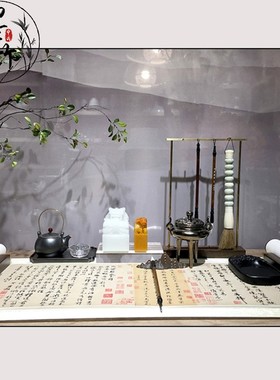 新中式书房书桌字画毛笔茶具玉玺香炉镇尺组合样板房别墅饰品套装
