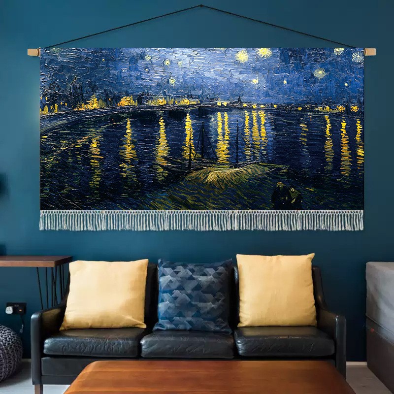 梵高油画挂毯客厅背景墙挂布横版卧室床头布艺挂画高级感遮挡装饰图片