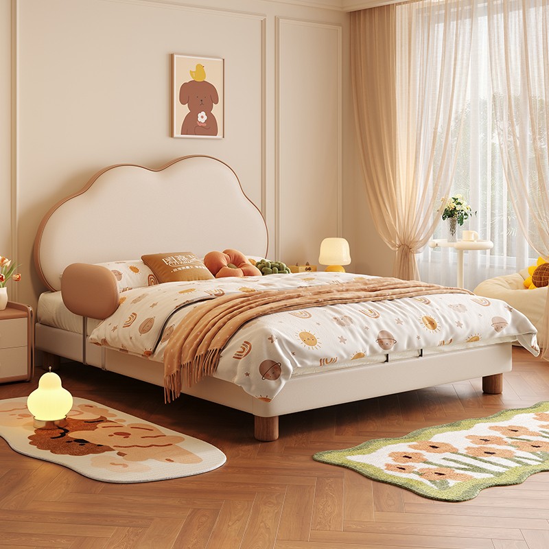 儿童床男孩单人床女孩公主床奶油风卧室床新款小户型小孩床带护栏